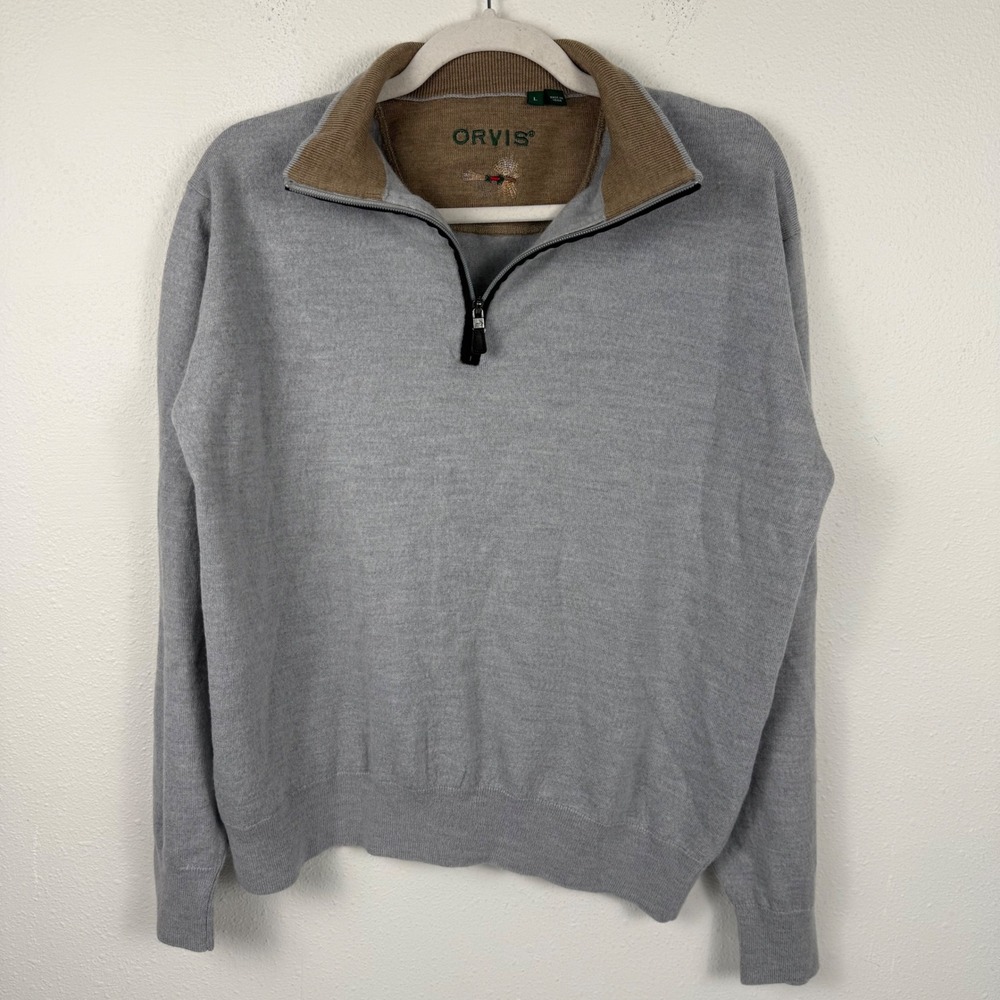 Orvis Mens Quarter Zip Sweater Gray Tan Mock‎ Neck Fly Fishing Lure Large
